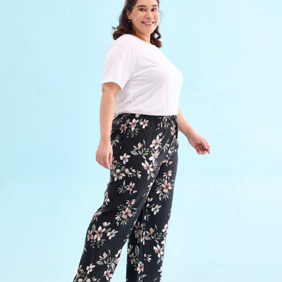 Women Printed Black Woven Mid Rise Viscose Lounge Pants