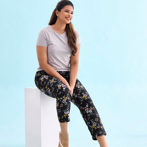 Women Printed Black Woven Viscose Mid Rise Lounge Pant