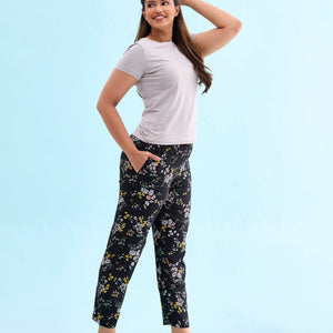 Women Printed Black Woven Viscose Mid Rise Lounge Pant