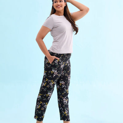 Women Printed Black Woven Viscose Mid Rise Lounge Pant