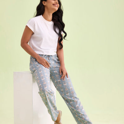 Women Printed Blue Woven Viscose Mid Rise Lounge Pants