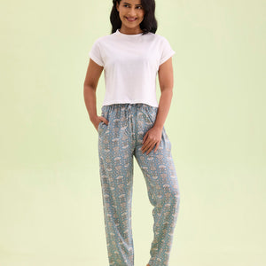 Women Printed Blue Woven Viscose Mid Rise Lounge Pants