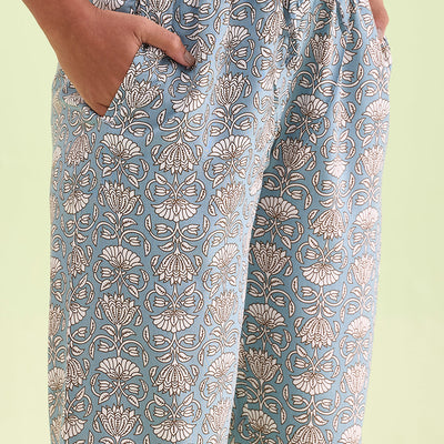 Women Printed Blue Woven Viscose Mid Rise Lounge Pants