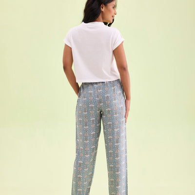 Women Printed Blue Woven Viscose Mid Rise Lounge Pants