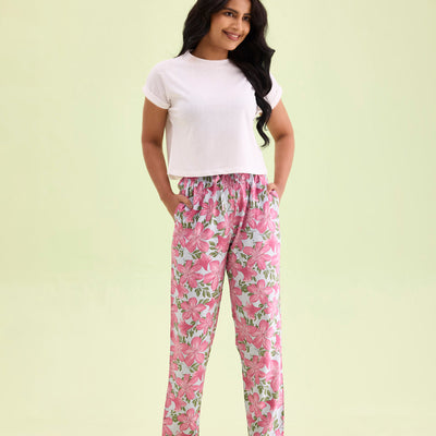 Women Printed Blue Viscose Mid Rise Lounge Pants