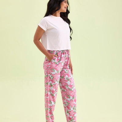 Women Printed Blue Viscose Mid Rise Lounge Pants