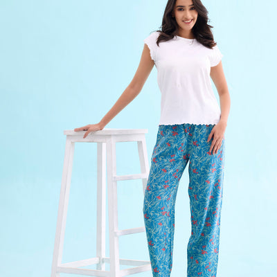 Women Printed Blue Mid Rise Woven Viscose Lounge Pants