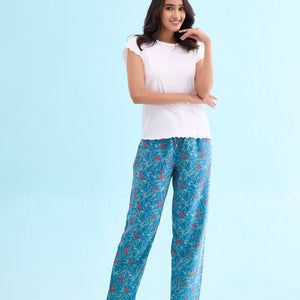 Women Printed Blue Mid Rise Woven Viscose Lounge Pants