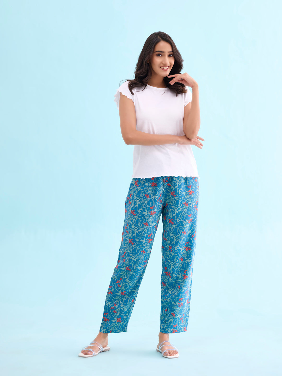 Women Printed Blue Mid Rise Woven Viscose Lounge Pants
