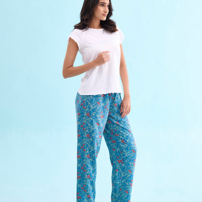 Women Printed Blue Mid Rise Woven Viscose Lounge Pants