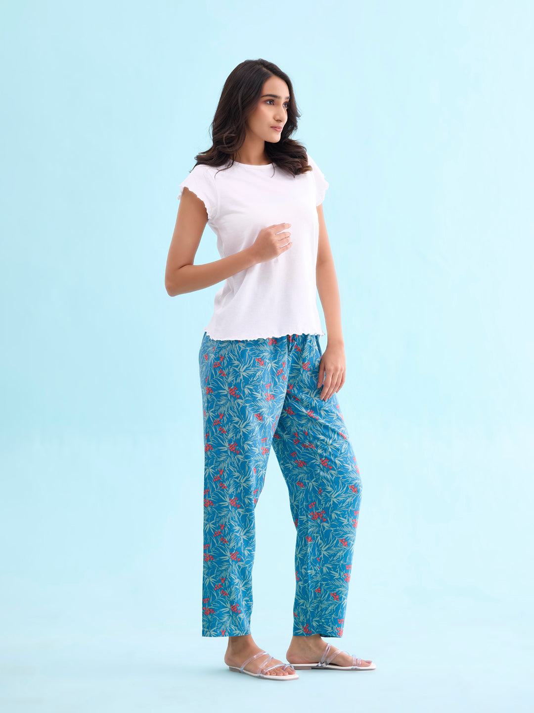 Women Printed Blue Mid Rise Woven Viscose Lounge Pants