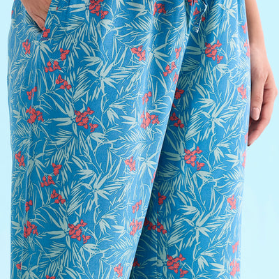 Women Printed Blue Mid Rise Woven Viscose Lounge Pants