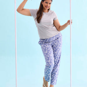 Women Printed Blue Woven Mid Rise Viscose Lounge Pants