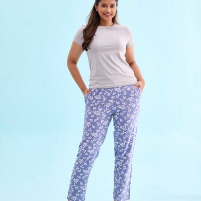 Women Printed Blue Woven Mid Rise Viscose Lounge Pants