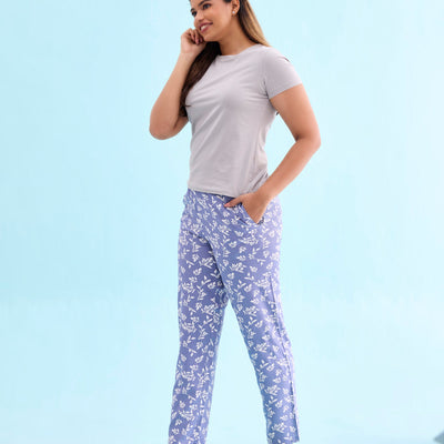Women Printed Blue Woven Mid Rise Viscose Lounge Pants