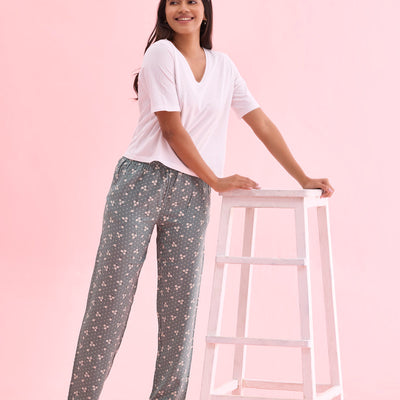 Women Printed Green Woven Viscose Mid Rise Lounge Pants