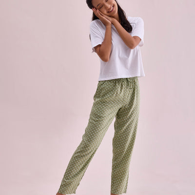 Women Printed Light Green Woven Viscose Lounge Pants