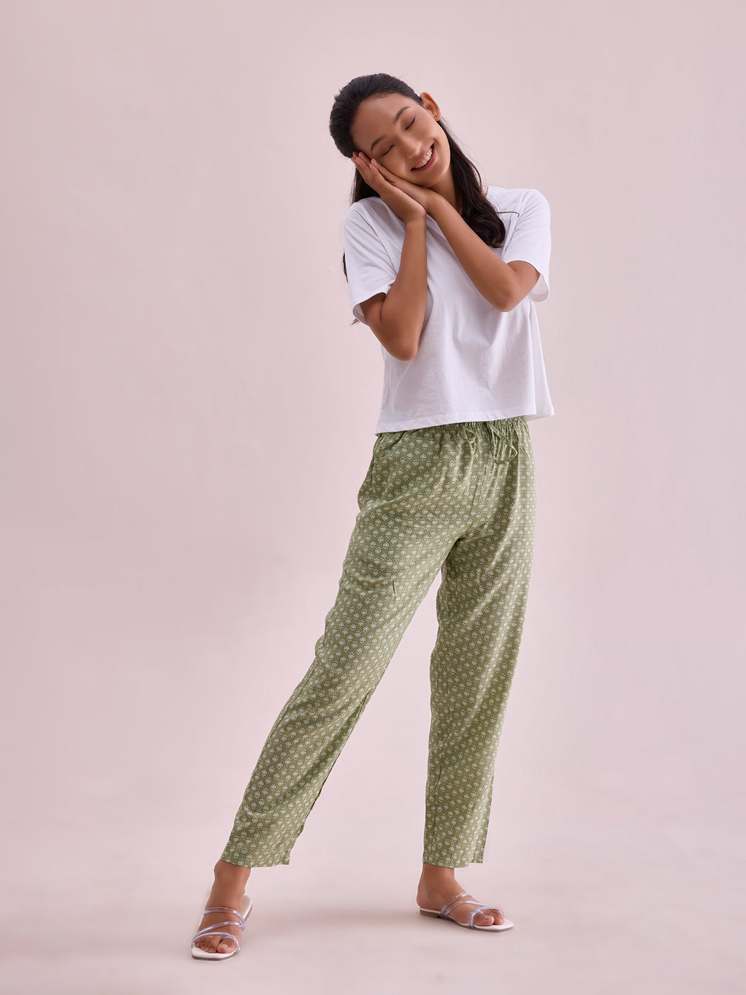 Women Printed Light Green Woven Viscose Lounge Pants