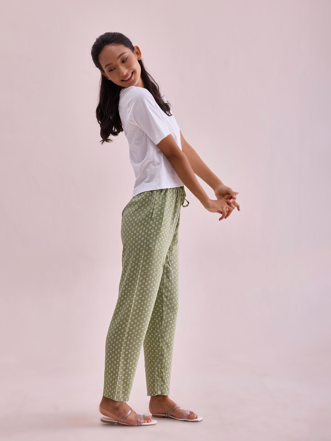 Women Printed Light Green Woven Viscose Lounge Pants