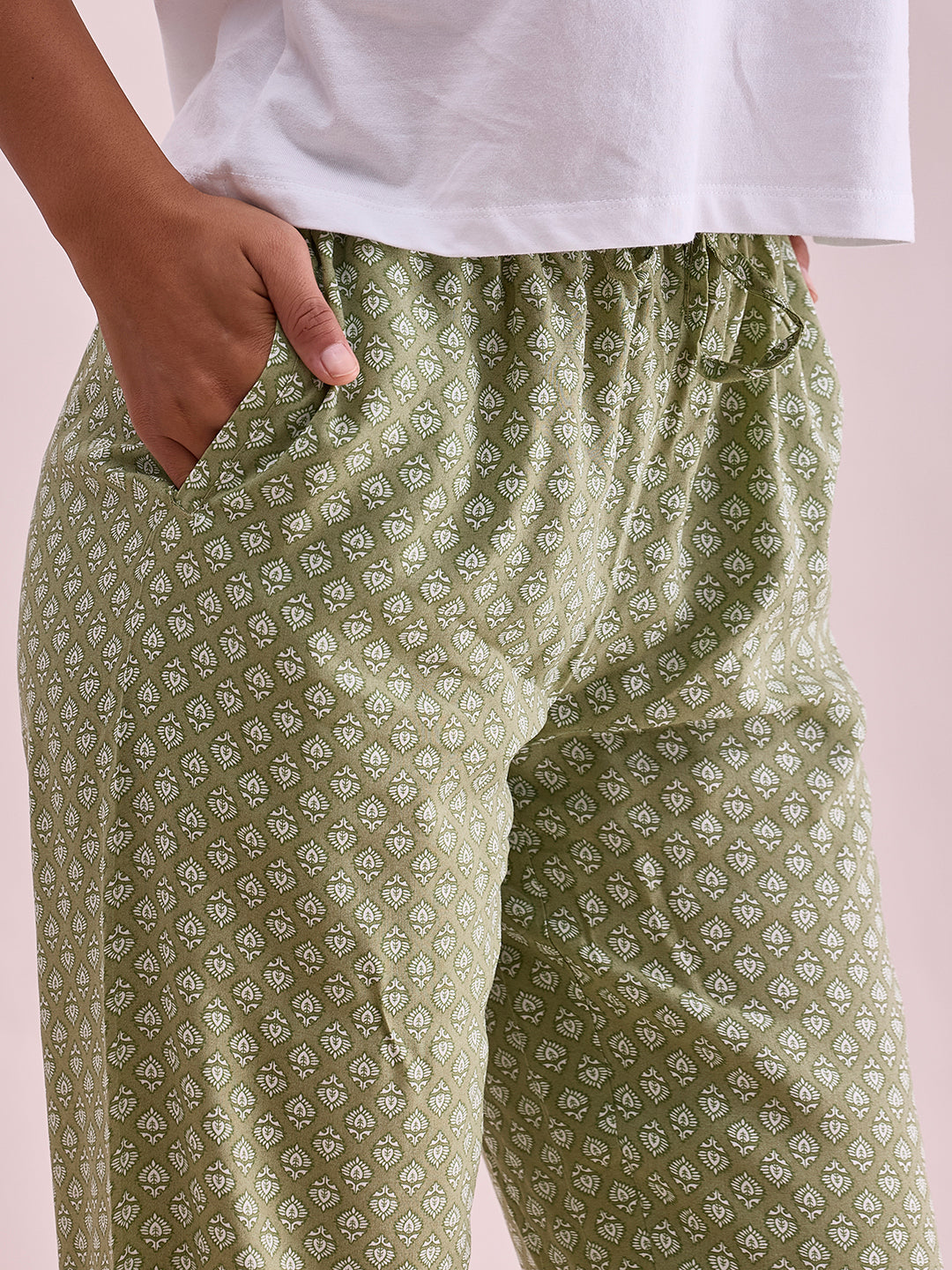 Women Printed Light Green Woven Viscose Lounge Pants