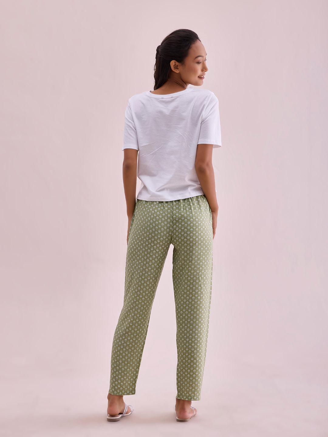 Women Printed Light Green Woven Viscose Lounge Pants