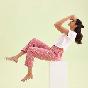 Women Printed Medium Pink Woven Viscose Mid Rise Lounge Pants