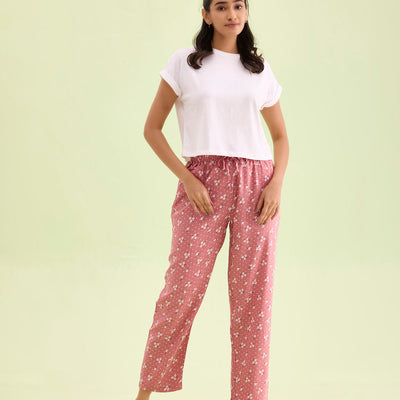 Women Printed Medium Pink Woven Viscose Mid Rise Lounge Pants