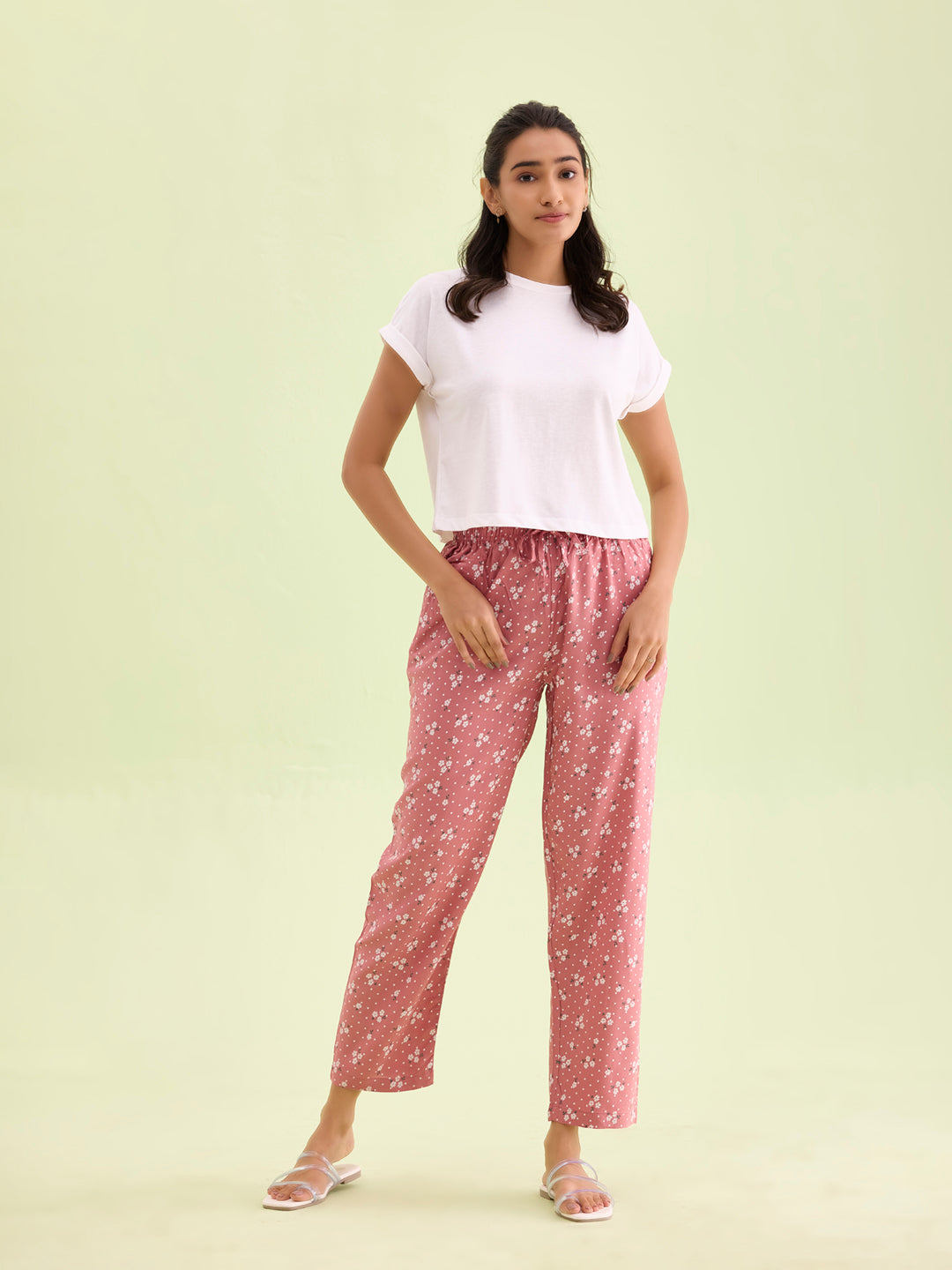 Women Printed Medium Pink Woven Viscose Mid Rise Lounge Pants
