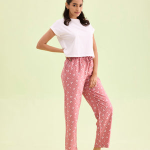 Women Printed Medium Pink Woven Viscose Mid Rise Lounge Pants