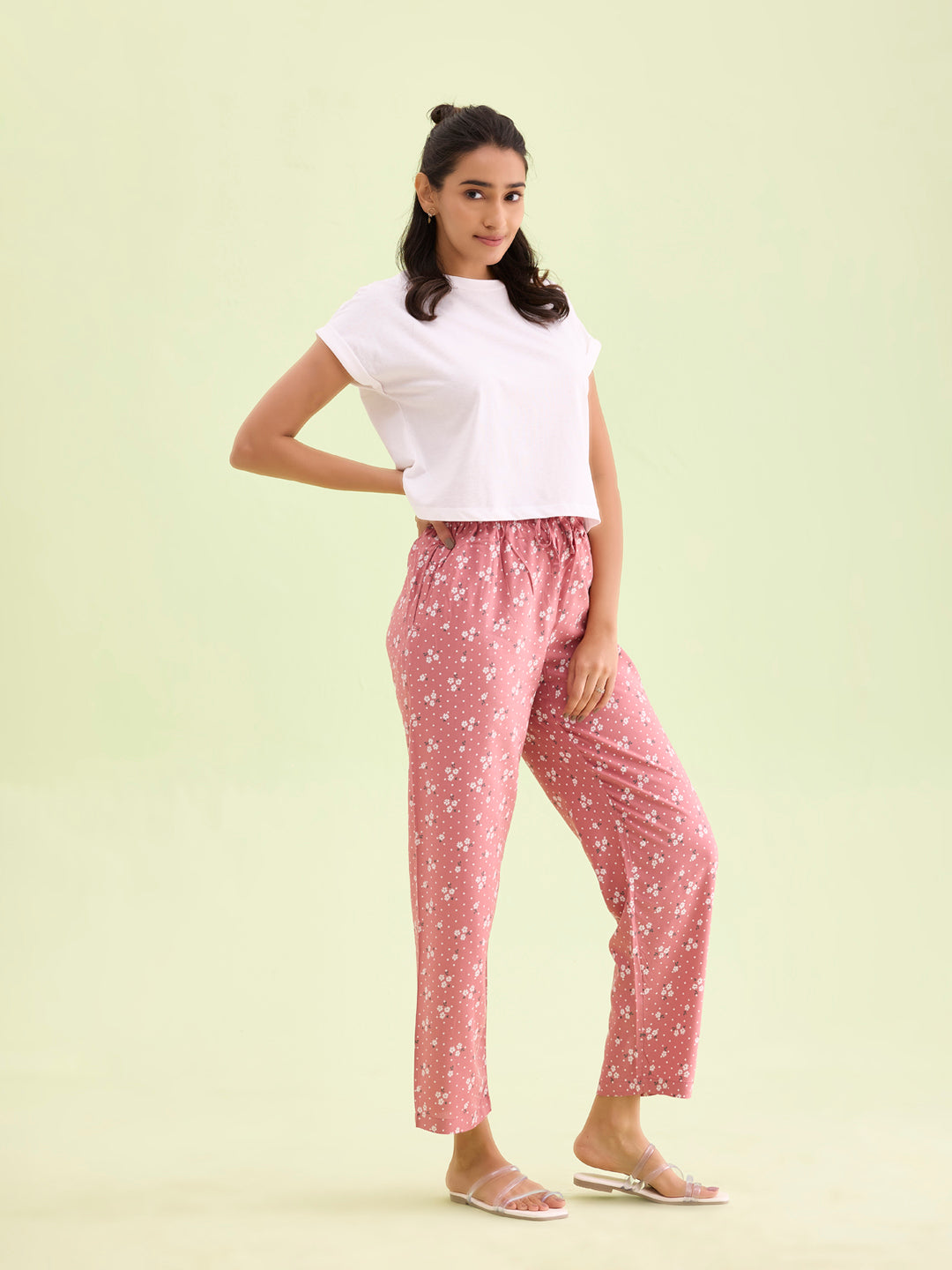 Women Printed Medium Pink Woven Viscose Mid Rise Lounge Pants