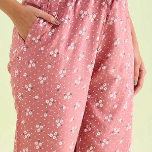 Women Printed Medium Pink Woven Viscose Mid Rise Lounge Pants