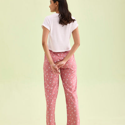 Women Printed Medium Pink Woven Viscose Mid Rise Lounge Pants
