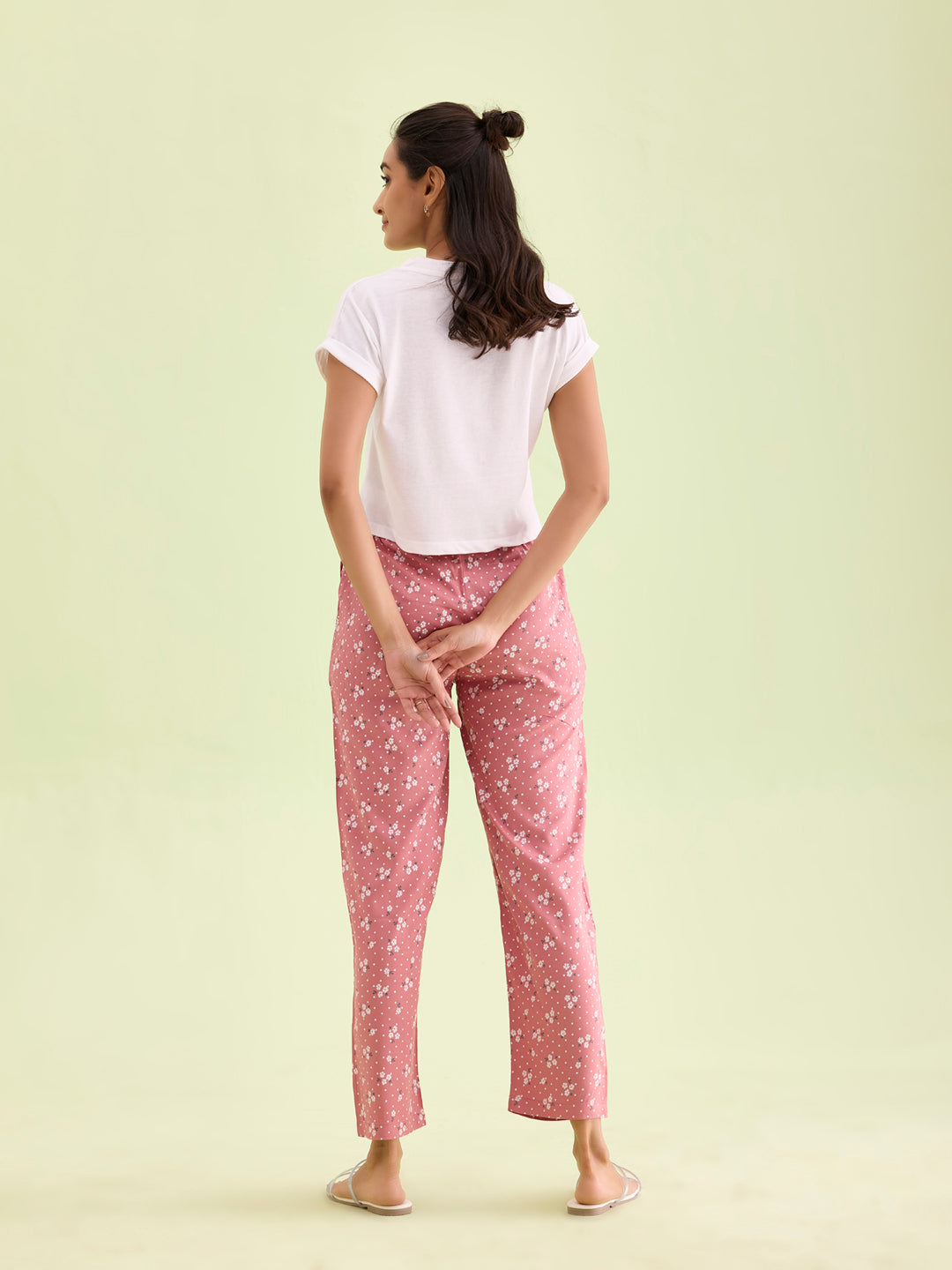 Women Printed Medium Pink Woven Viscose Mid Rise Lounge Pants