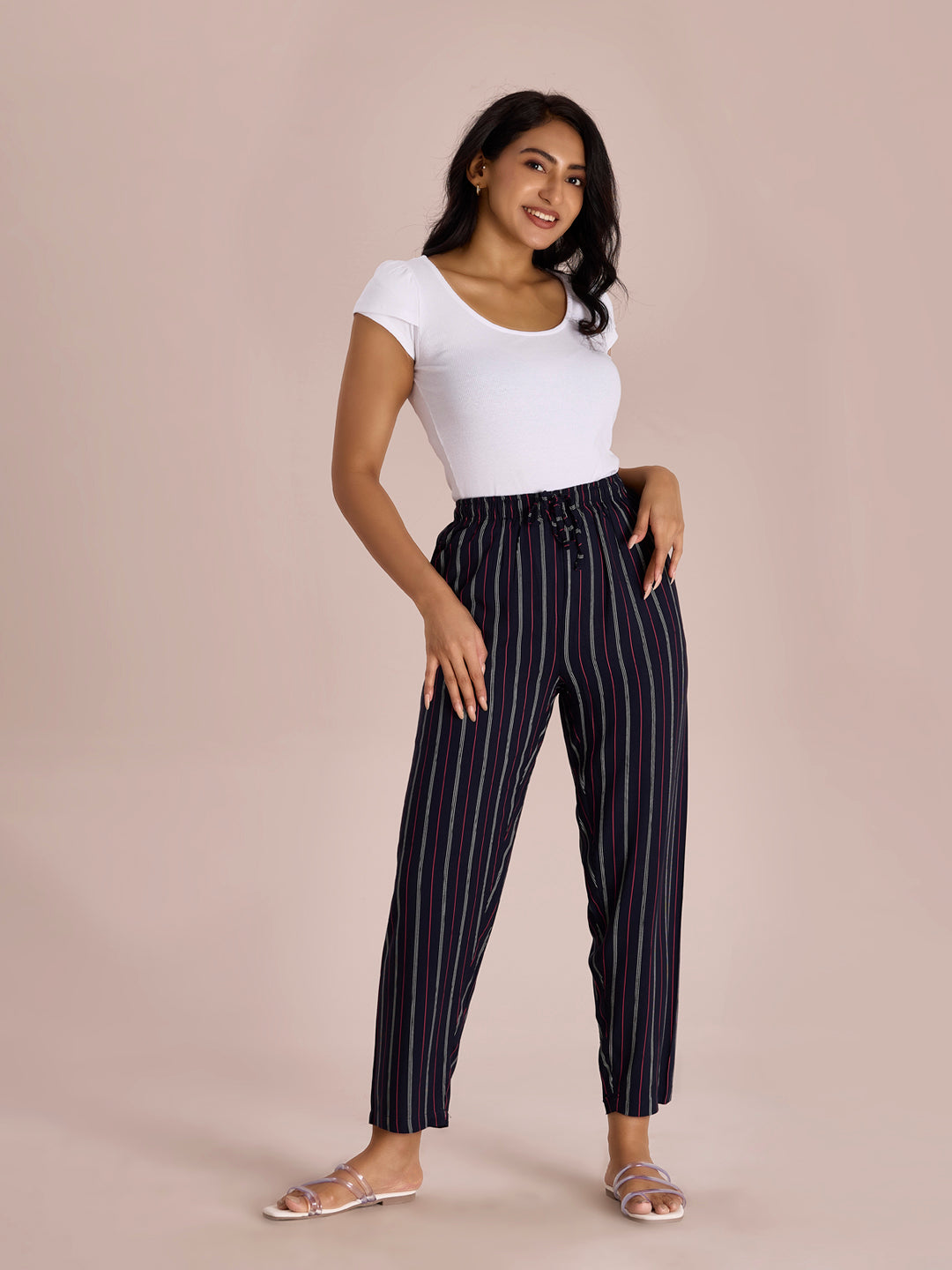 Women Printed Navy Woven Viscose Mid Rise Lounge Pants