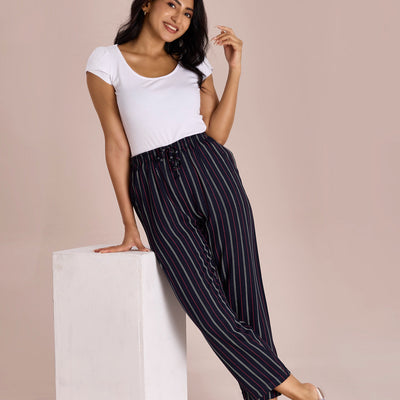 Women Printed Navy Woven Viscose Mid Rise Lounge Pants