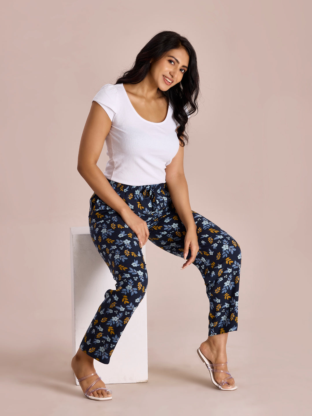 Women Printed Navy Viscose Lounge Pants