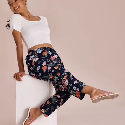 Women Printed Navy Woven Viscose Lounge Pant