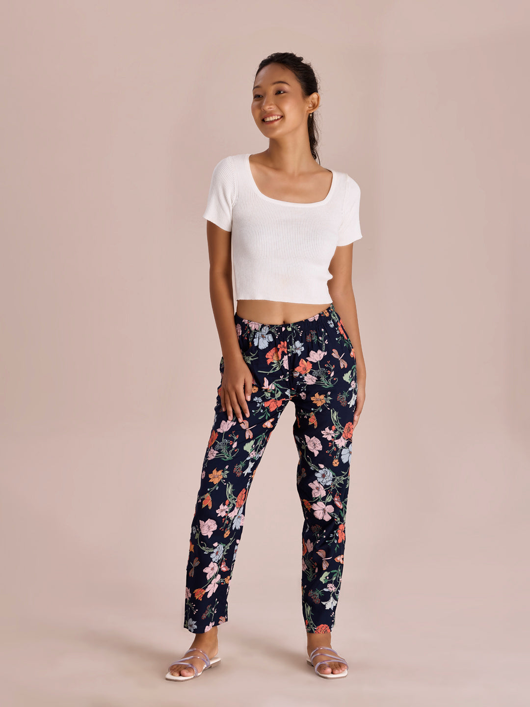 Women Printed Navy Woven Viscose Lounge Pant