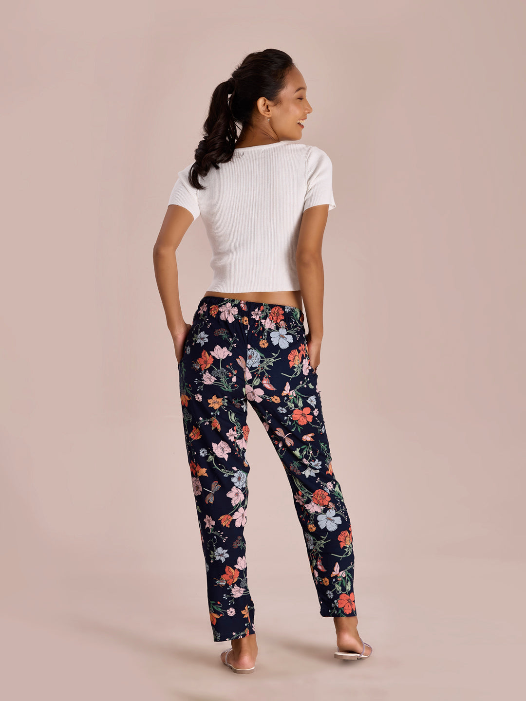 Women Printed Navy Woven Viscose Lounge Pant