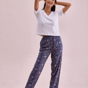 Women Printed Navy Woven Mid Rise Viscose Lounge Pants