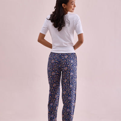 Women Printed Navy Woven Mid Rise Viscose Lounge Pants
