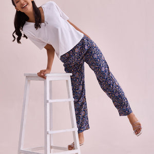 Women Printed Navy Woven Mid Rise Viscose Lounge Pants