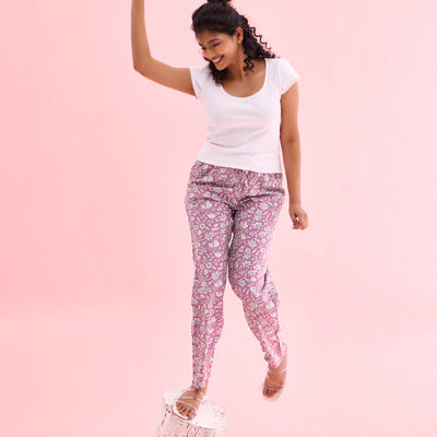 Women Printed Purple Woven Mid Rise Viscose Lounge Pants