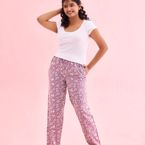 Women Printed Purple Woven Mid Rise Viscose Lounge Pants