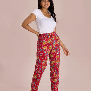 Women Printed Red Woven Viscose Lounge Pants
