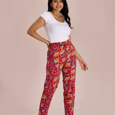 Women Printed Red Woven Viscose Lounge Pants