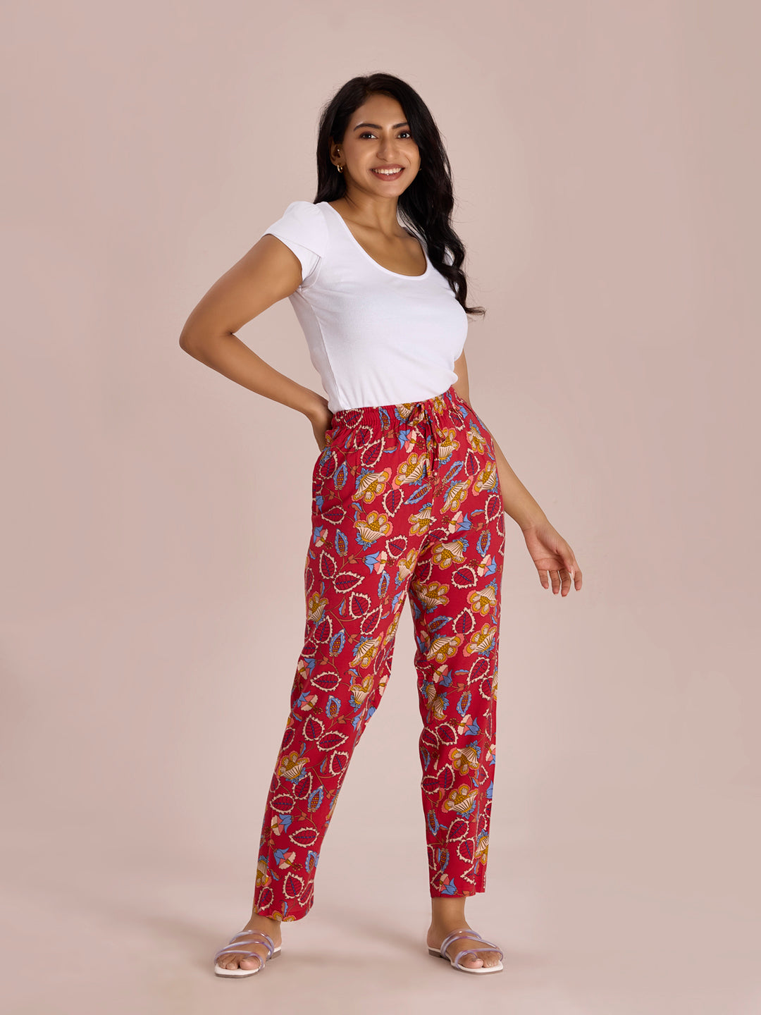 Women Printed Red Woven Viscose Lounge Pants