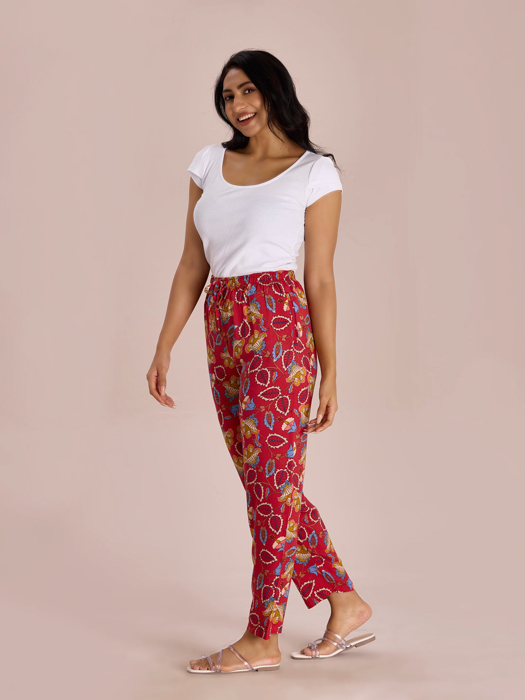 Women Printed Red Woven Viscose Lounge Pants