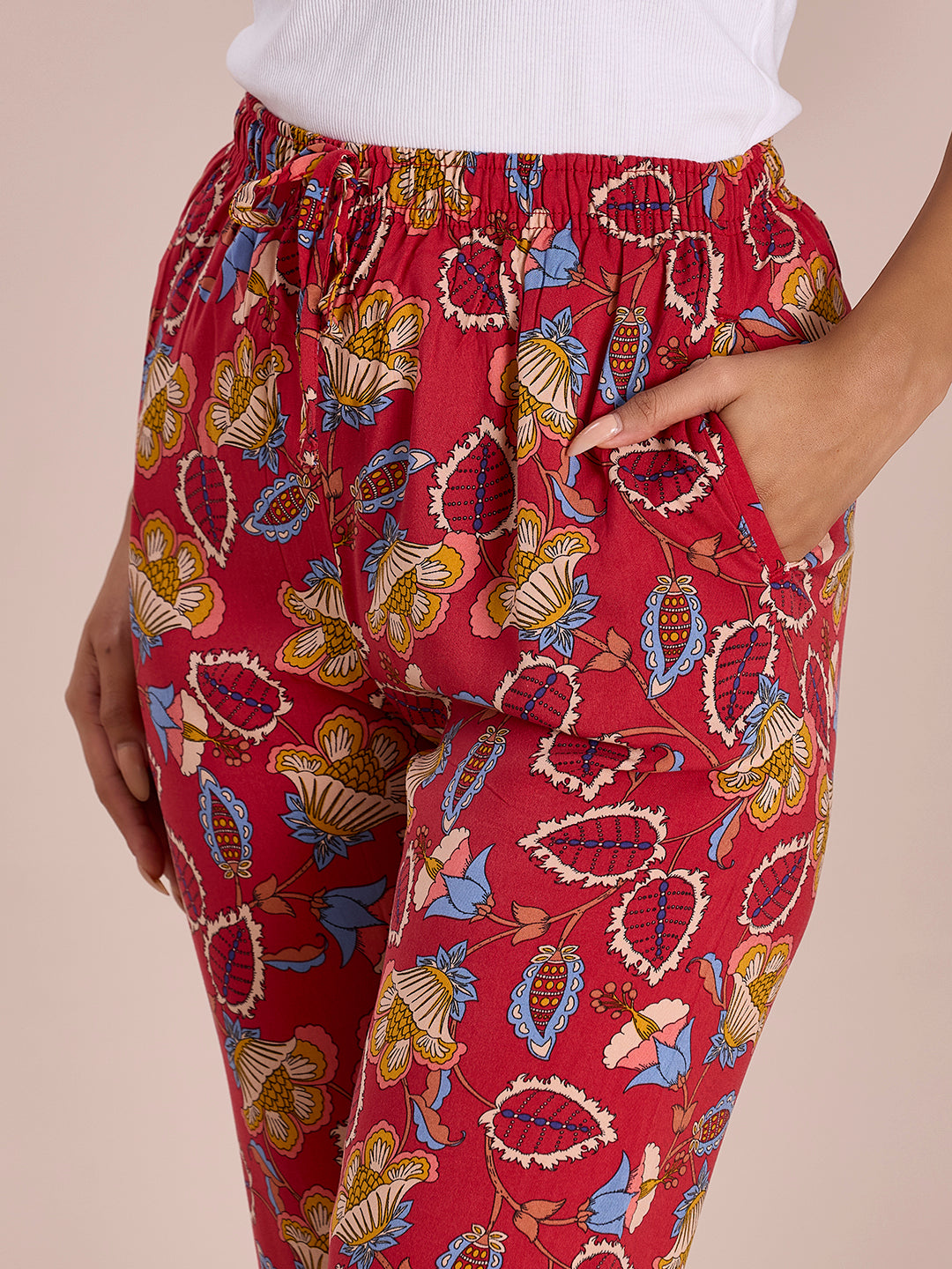 Women Printed Red Woven Viscose Lounge Pants