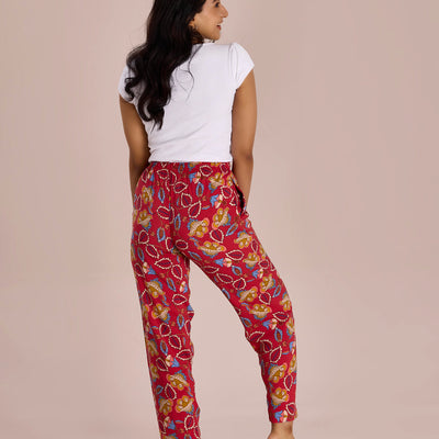 Women Printed Red Woven Viscose Lounge Pants